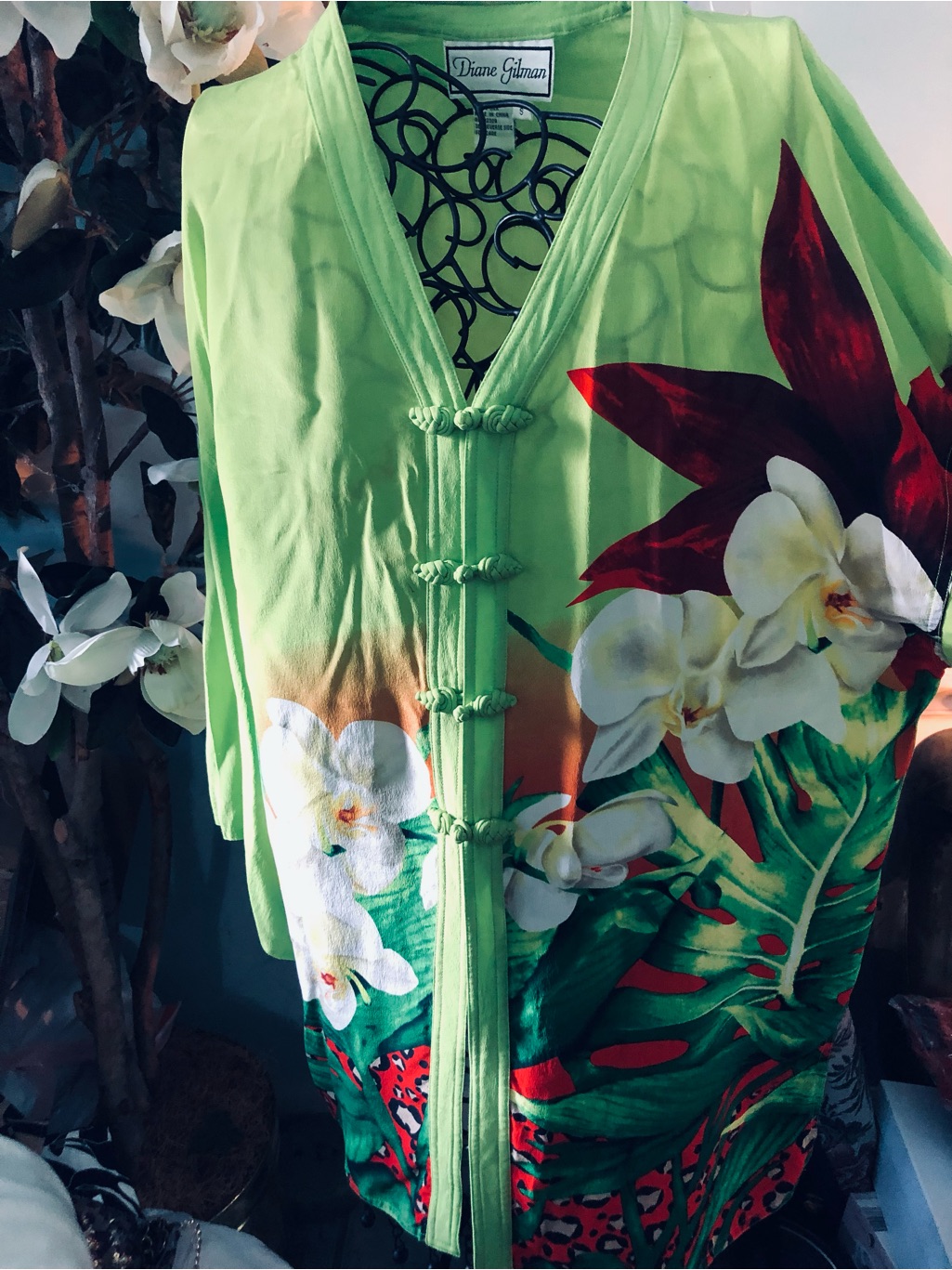 Diane Gilman Lime Green Tropical Floral Button-Front Kimono